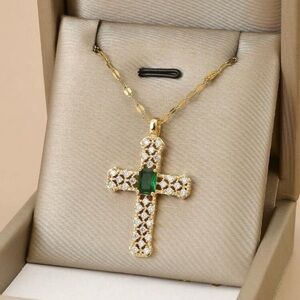 Gold Plated Stainless Steel Cross Necklace Green Cubuc Zirconia Pendant